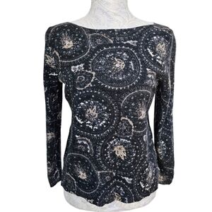 Talbots Pure Merino Wool Printed Lightweight Sweater Boat Neck Black Soft Medium